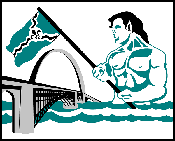 River City Merfolk logo (altered art of River Merfolk with Gateway Arch, Eads Bridge and merfolk holding St. Louis flag